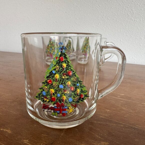 Set of 4 Vintage Luminarc Christmas Tree Mugs, Clear Glass Holiday Cups - Picture 2 of 8